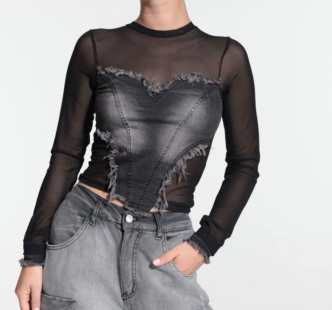 MESH DENIM LONGSLEEVE TOP - Mona