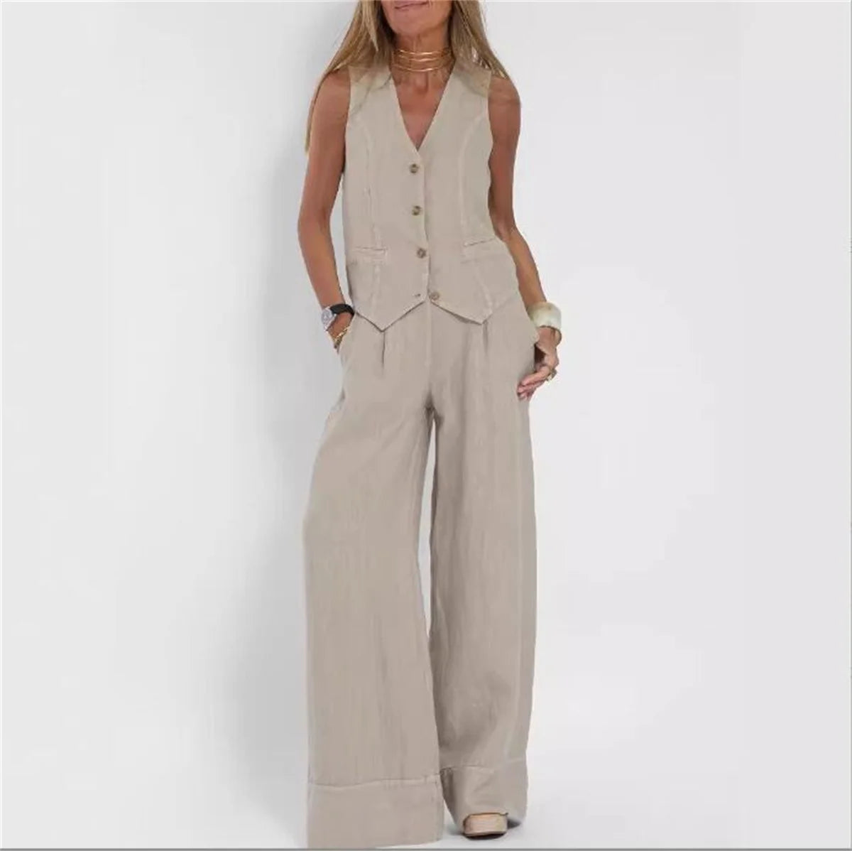 V-NECK CASUAL WIDE LEG 2 PIECE - Sage