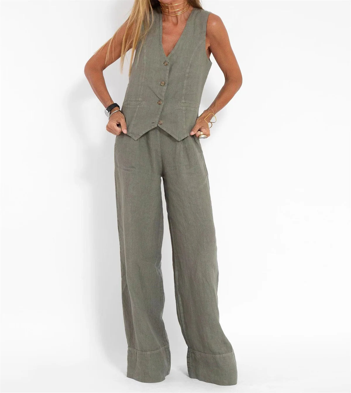 V-NECK CASUAL WIDE LEG 2 PIECE - Sage