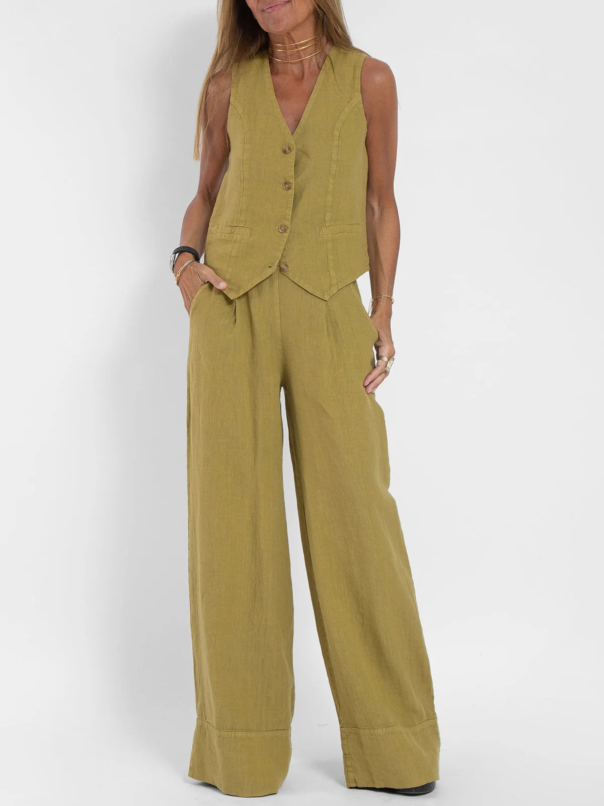 V-NECK CASUAL WIDE LEG 2 PIECE - Sage