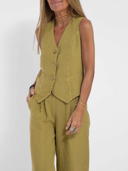 V-NECK CASUAL WIDE LEG 2 PIECE - Sage